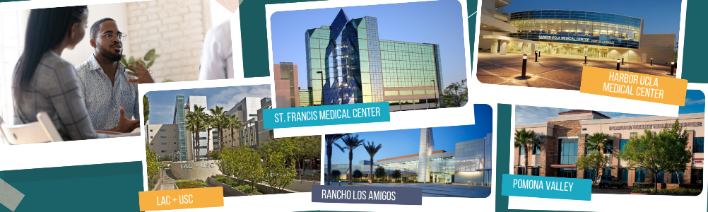 Banner image with collage of five medical centers that TPI contracts partners with. Hospitals include LAC USC, St. Francis Medical Center, Rancho Los Amigos, Harbor UCLA Medical Center and Pomona Valley